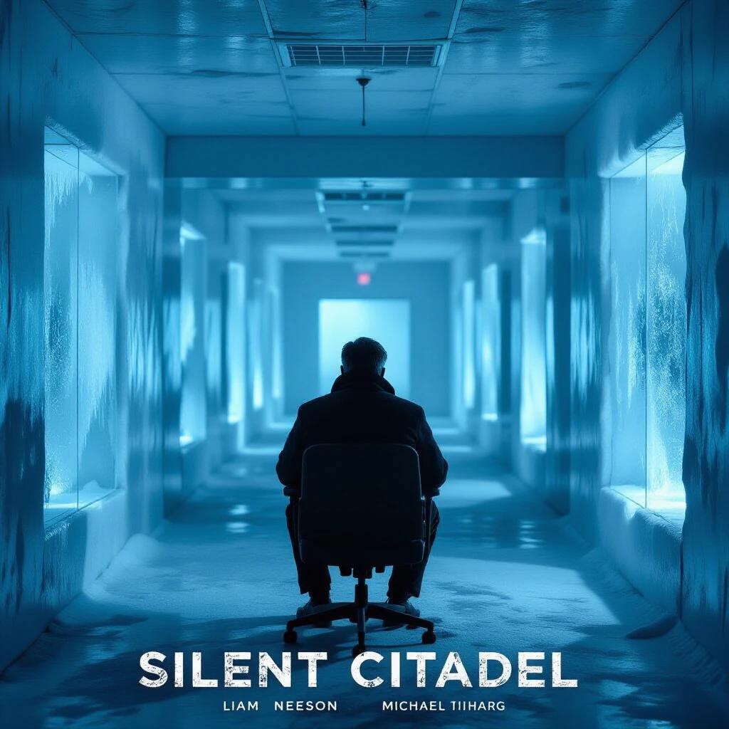 Liam Neeson sits alone in a dim-lit control room. Cold fog breathes in an icy atmosphere. Shadows dance across frozen walls. Distant sound of screams echoes through the empty space. Arctic experiment station setting.