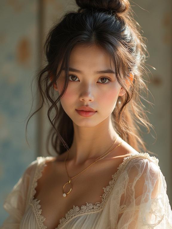 Portrait of a young woman with soft features and long hair against a blurred background. She has a gentle expression and is wearing a delicate outfit.