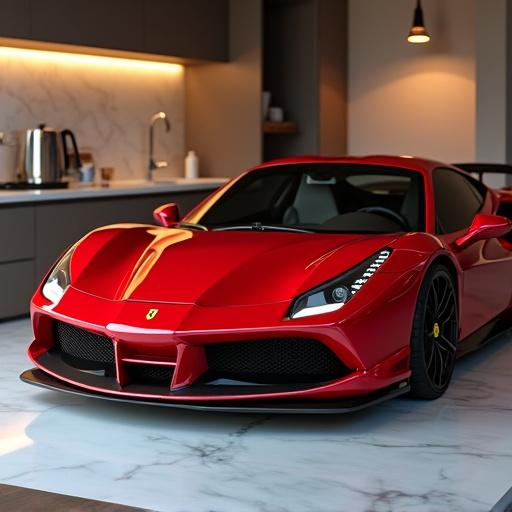 Espresso machine designed like a Ferrari 488 GTB. Structure in glossy red. Details include prancing horse emblem, carbon-fiber mirrors, alloy wheels as knobs, exhaust spouts for coffee, and retractable spoiler with water reservoir. Set on marble countertop with chrome toaster and stainless sink. Under warm pendant lights. Hyperrealistic 3D render with cinematic lighting.
