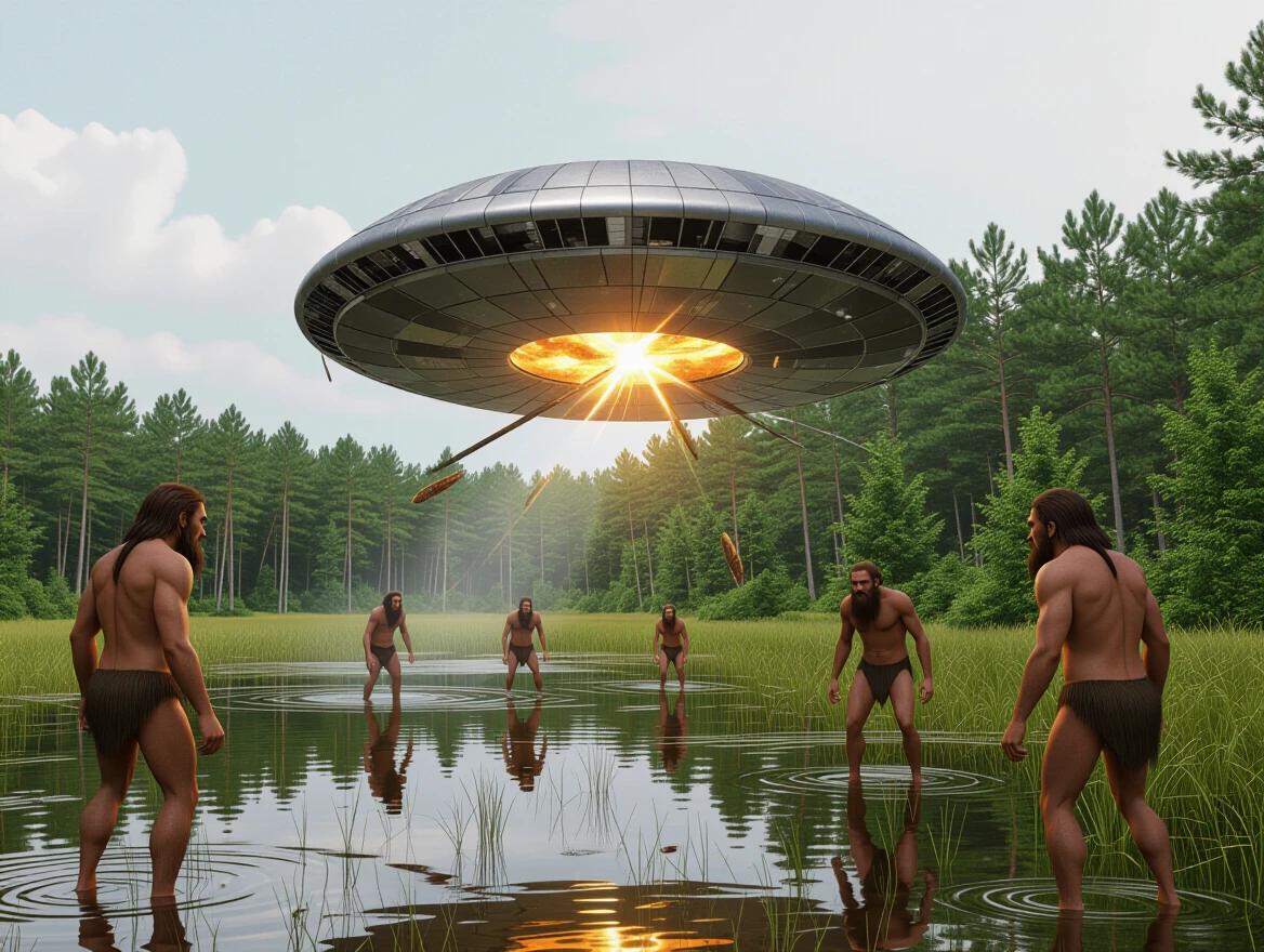 A crashed flying saucer in a swampy area. Several Neanderthals observing it with aggressive postures. The scene shows lush trees and a still water body.