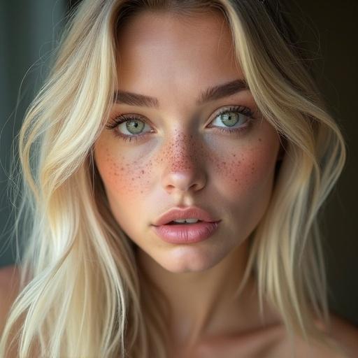 Photo of a Nordic influencer with long blonde hair and big beautiful green eyes. Features a slim nose, full pouty lips, and prominent freckles.