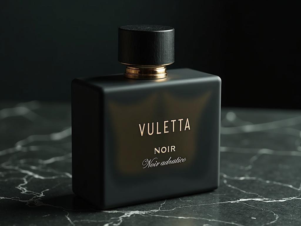 Luxurious niche perfume bottle design for VULETTA NOIR ADRIATICO. Frosted deep charcoal glass with engraved serif logo in matte gold. Fragrance name in flowing metallic bronze. Sleek gold-accented cap. Captures resinous marine evening fragrance vibe. Set on dark marble surface.