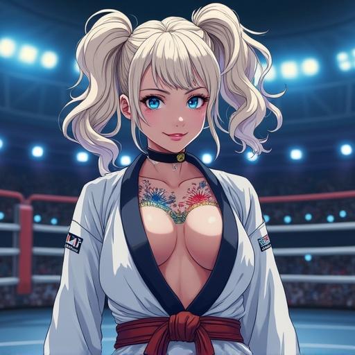 Anime woman in martial arts setting with unique features and style. Frosted blue eyes and large blonde pigtails. Edgy taekwondo gi with tattoos. Psychotic grin and piercing eyes. Muscular and athletic physique with a vibrant background.
