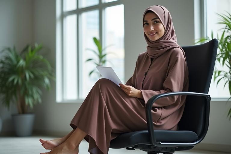 Adult hijabi woman sitting cross-legged in office. Showing feet under desk. Side view with plants in background.