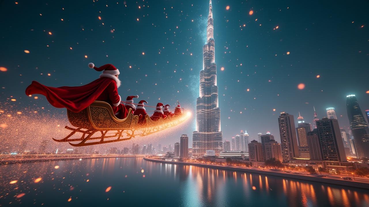 Magical atmosphere shot featuring the Burj Khalifa. Santa Claus flies past on his sleigh, leaving a sparkling trail. The sparkles transform into BIM models of the city's landmarks. Shot using Arriflex Alexa, ultrarealistic.