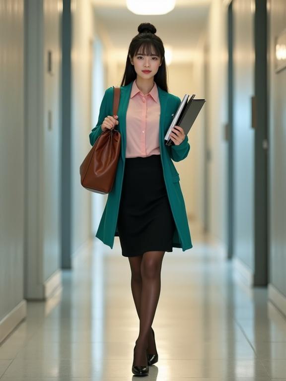 Full body image of young East Asian female agent. She wears a blush-pink blouse with black knee-length skirt. A teal cardigan is worn with dark-brown pantyhose and black ankle-strap closed-toe pumps. Agent walks in a corridor carrying files with a brown satchel over her shoulder. Silky long black hair styled in a neat bun. Light makeup and determined smile on red lips. Soft lighting in agency building.