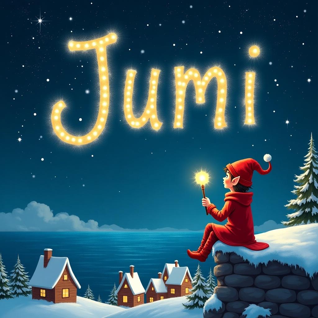 Elf writing name Jumi in sparkling letters at night. Elf sits on a ledge. Glowing wand in hand. Charming snowy houses below.