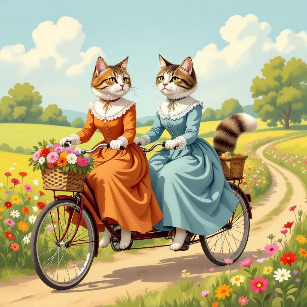 Illustration of two female cats riding a tandem bicycle. Cats wear Victorian dresses. One dress is orange and the other is blue. Picnic baskets are on the bicycle. Baskets hold food wrapped in cloth. Background features a flower-lined path and countryside. Painting style resembles traditional gouache. Soft brushstrokes and muted colors. Nostalgic and cozy mood.
