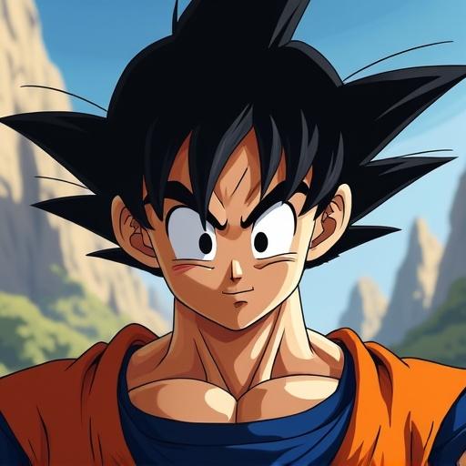 Goku stands looking at the camera with a menacing expression. The background features rocky formations under a bright sky. Goku is wearing his iconic orange gi. Spiky black hair highlights his fierce look.