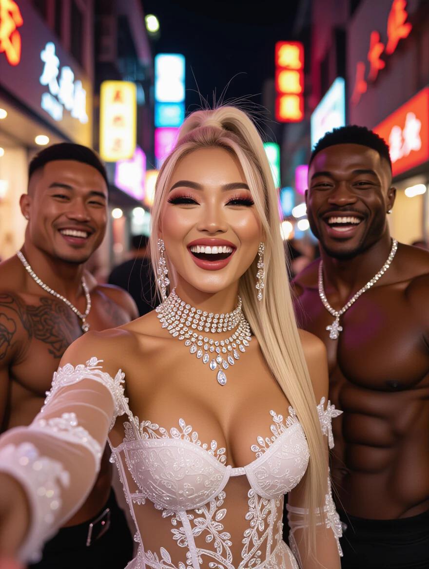 A hot Asian model in wedding lingerie poses for a selfie. The street is narrow with bright neon lights. She has a high blonde ponytail and wears a lot of crystal jewelry. The model has bright makeup and is laughing with her huge muscular black friends.