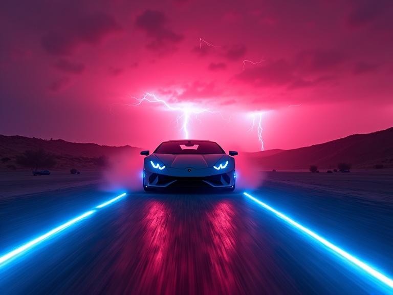 Cyberpunk style scene with deep blue and red lights featuring a futuristic Lamborghini. The car is in a desert at sunset. It appears from the front on a horizon with lightning in the background. Laser light wheel rims create a long double-line trail. The front lights have night rider strobe effects. Fog and rain effects are visible.