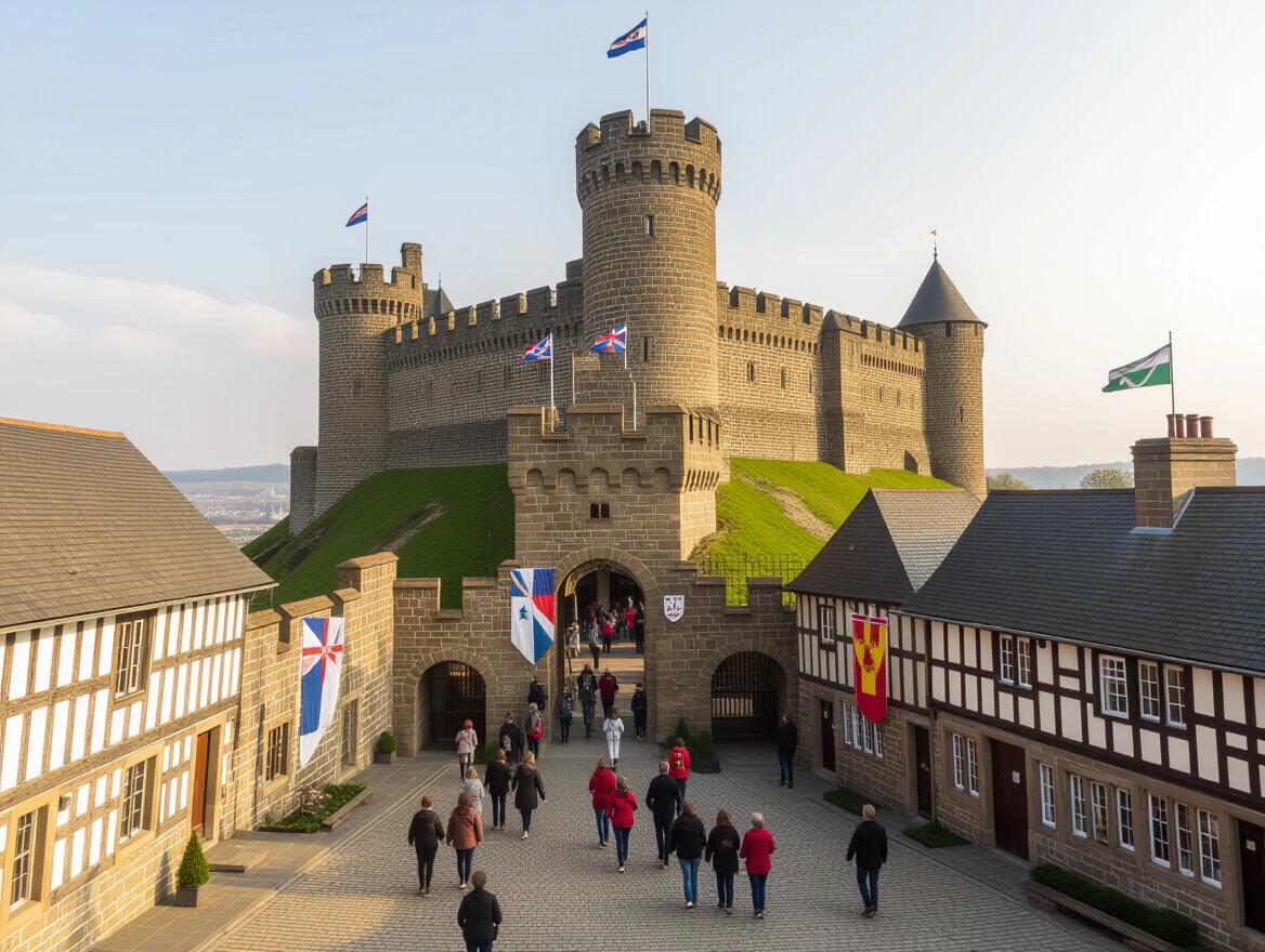 Medieval castle situated on a green hill. Banners are flying in the wind. Busy courtyard filled with visitors walking around. Beautiful architecture and nature scenery.