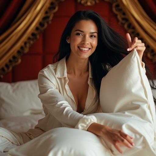 Woman in a luxurious bedroom throwing pillow with extended arm. Energetic pose with a smile. Flowing black hair and porcelain smooth skin. Wearing silk pajamas. Room features gold accents and velvet drapes. King size bed. Motion blur on the pillow emphasizes action. Warm lighting enhances comfort and joy.