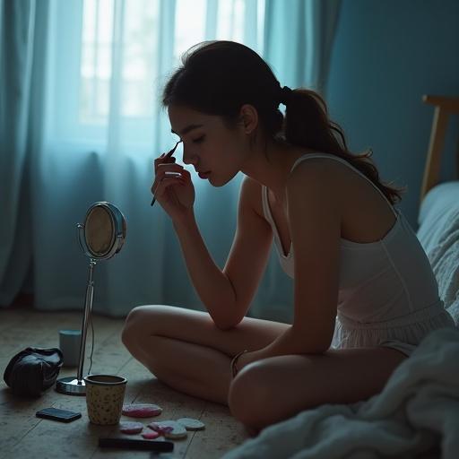 A young woman sits on the floor of a narrow bedroom. She leans close to a handheld mirror, applying eyeliner with careful concentration. Morning light filters through curtains, illuminating her features. She wears a soft camisole, revealing a shoulder marked by a bra line. Scattered makeup items surround her. She shows a focused expression, not smiling, evoking a sense of yearning for authenticity. A neatly folded men's jacket is visible on the bed in the background.