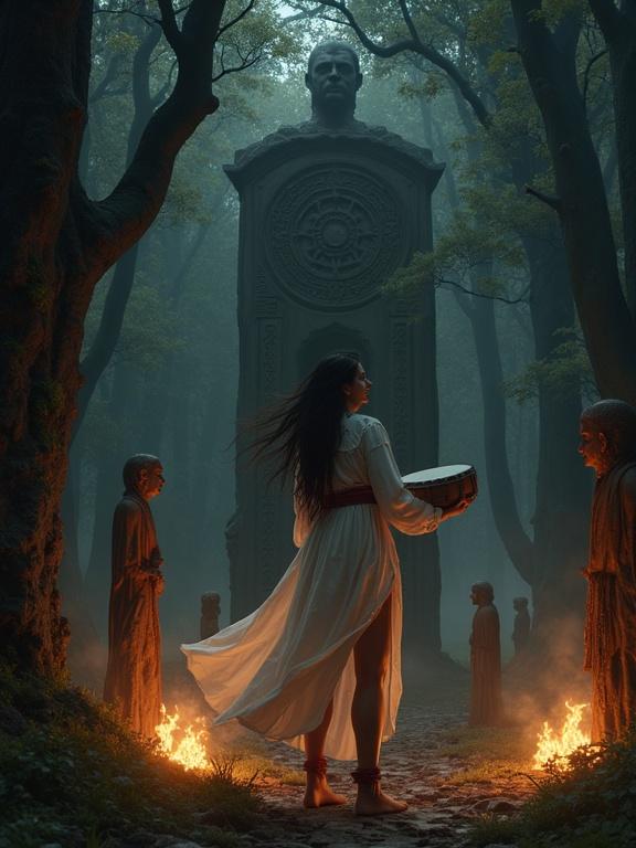 A digital painting depicting a Slavic priestess mid-ritual in a dark forest setting. She wears a white linen dress with red embroidery and holds a tribal drum. Long hair flows behind her. Intense rim lighting creates dramatic silhouettes. Background features ancient stone monument and wooden statues. Atmospheric fog and shadows enhance the mystical vibe.