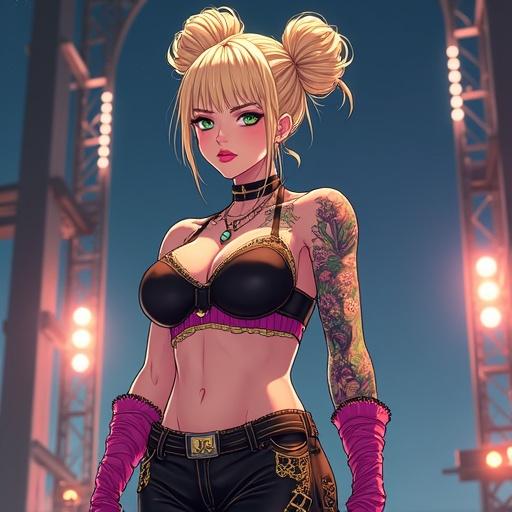Anime character in futuristic concert setting. Woman with emerald green eyes, light blonde French bun hairstyle. Wearing edgy punk rock concert outfit. Colorful tattoos on her arms. Appearing as a confident performer with backup dancers.