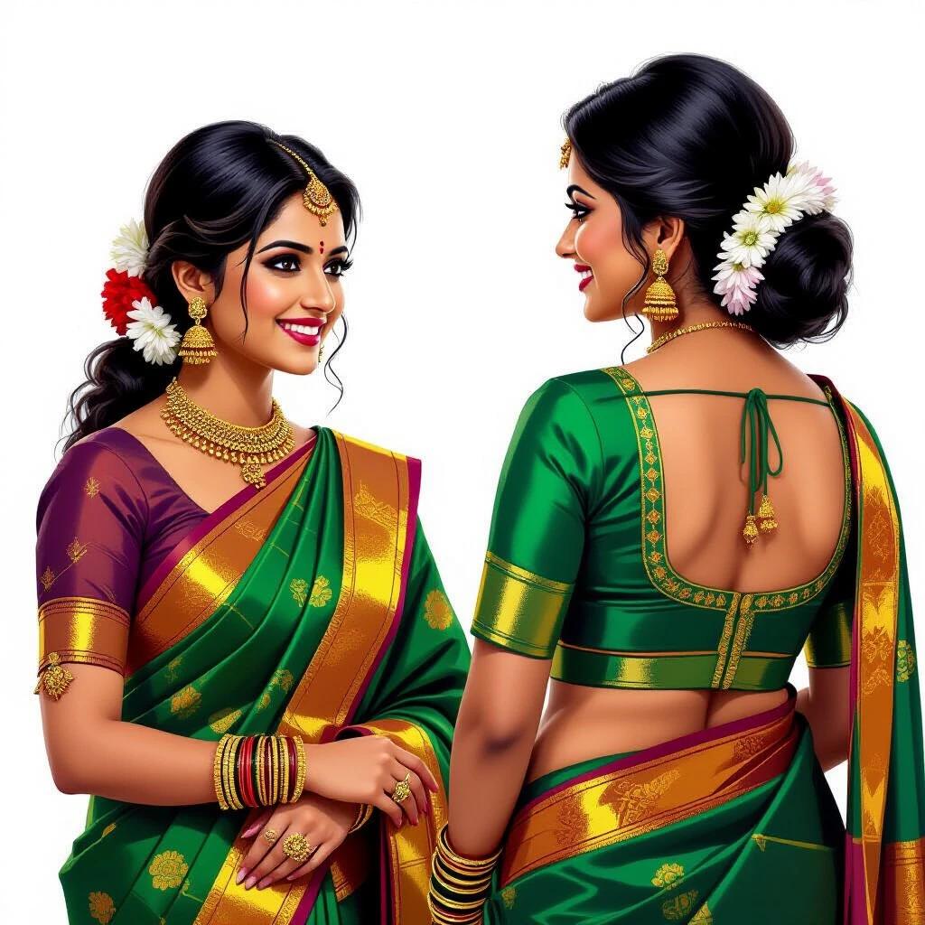 Two Indian women wearing sarees. One is viewed from the front the other from the back. Detailed traditional saree designs are visible along with jewelry.