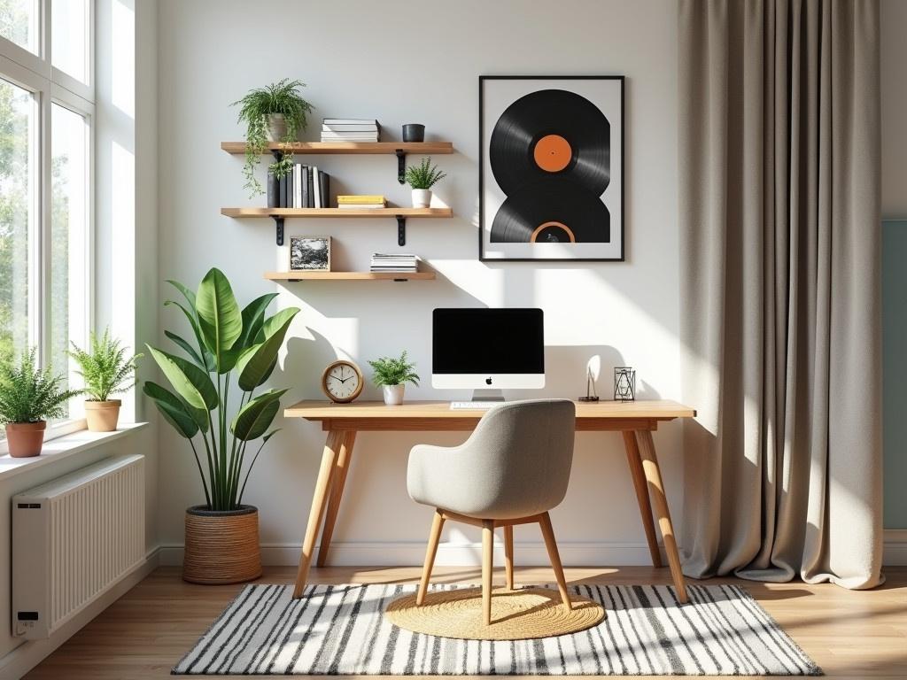 The image shows a modern and minimalistic home office space. There is a stylish wooden desk with a computer and decorative items on it. A comfortable chair with a round rug underneath sits in front of the desk. On the walls, there are decorative shelves holding plants and books, and a framed wall art featuring vinyl records. Large windows allow natural light to brighten the space, and the floor is adorned with a striped rug. Overall, the room feels fresh, inviting, and well-organized.