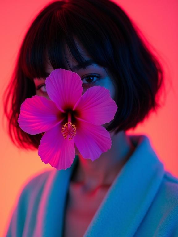 Portrait of a girl with short black hair and bangs obscuring the eyes. Ambient neon glow is present. She wears a fluorescent cyan robe. A large magenta hibiscus flower covers her mouth. The background is red fluorescent. Soft rim lighting adds to the cyber-noir atmosphere. The image is hyper-detailed and ultra-realistic with sharp focus and cinematic lighting.