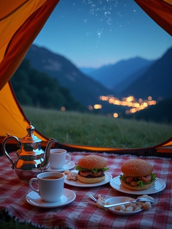 Camping setup with a picnic blanket featuring burgers and tea. Silver teapot and cups arranged neatly. Background shows starry night sky and mountain valley. Cozy atmosphere with soft lighting.