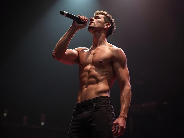 Full body image of a young muscular male singer performing on stage. Shirtless with an impressive physique. Captivates audience while holding a microphone.