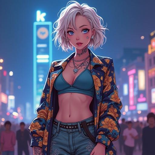 Anime character in 2037. Woman with blue eyes and wavy blonde hair. Edgy hip hop fashion with Japanese tattoos. Muscular build with double belly button ring. On a luxurious concert stage in London at night.