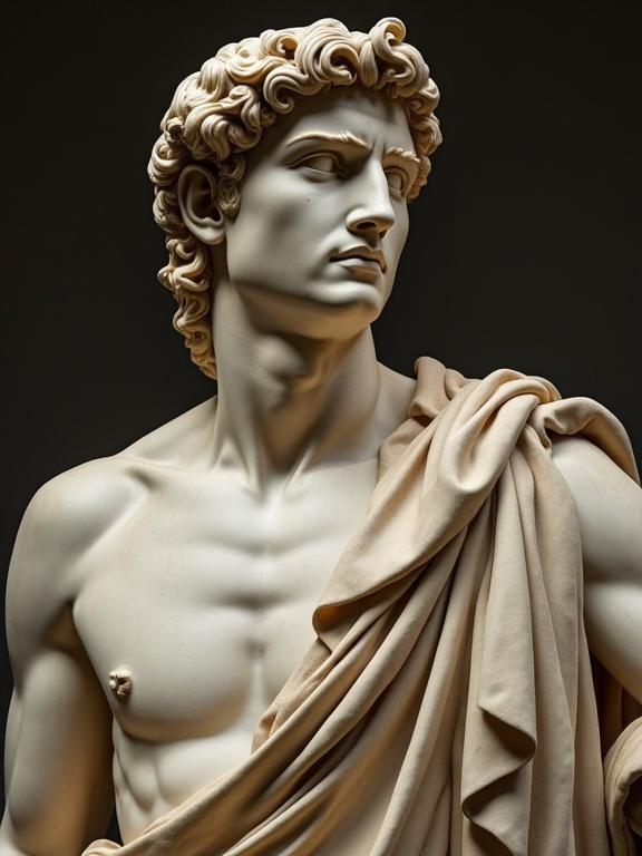 A sculpture depicting a Roman emperor with blonde, mid-length hair. Smooth jaw and shaven face. Chiseled features resembling traditional sculptures. The torso is exposed and visible.