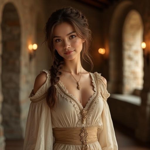 A graceful woman in a medieval fantasy setting. She stands confidently in a rustic stone cottage. The elegant dress features earthy tones and delicate embroidery. The atmosphere is cozy and inviting with warm lighting. Her hair is styled loosely. The image captures kindness and feminine strength.
