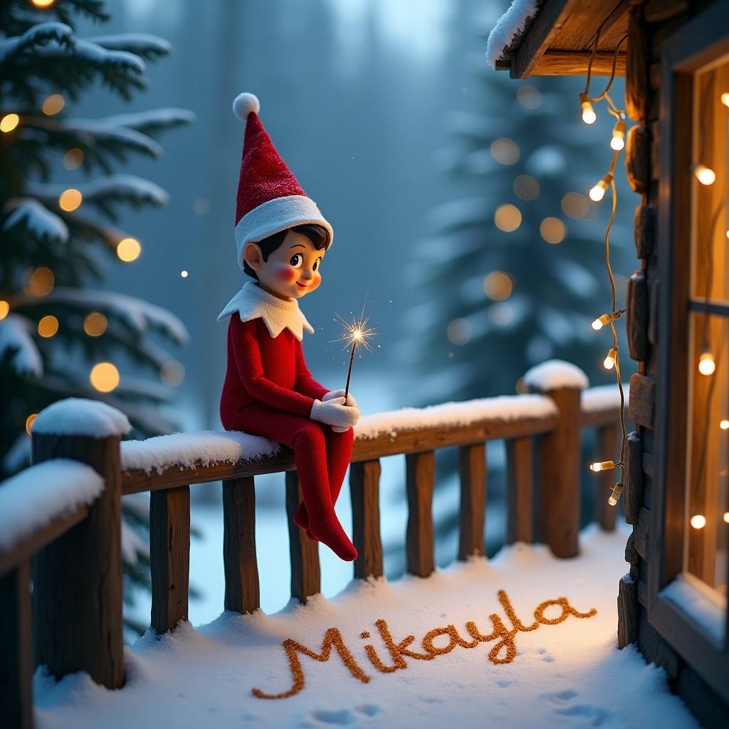 The image features an Elf on the Shelf sitting on a wooden railing outside a cozy cabin, surrounded by snow-covered evergreen trees. The elf, dressed in bright red and white, holds a sparkler that lights up his face with a warm glow. In the snow below, the name 'Mikayla' is carefully written in a whimsical style. Twinkling lights adorn the cabin, adding to the enchanting atmosphere. The scene captures the magic of Christmas and the charm of the Elf on the Shelf tradition.