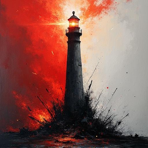 Fractured lighthouse erupts with chaotic light. Acrylic artwork on canvas. Dramatic expressionist design. Includes jagged shapes, contrasting colors. Predominantly scarlet, white, ash gray. Features a fiery ambient burst.