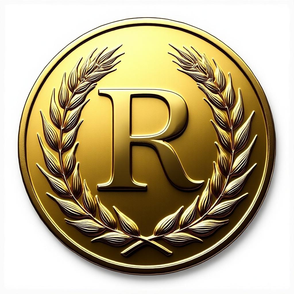 Golden coin with the letter R in the center. Surrounded by wheat leaves and a narrow silver edge.