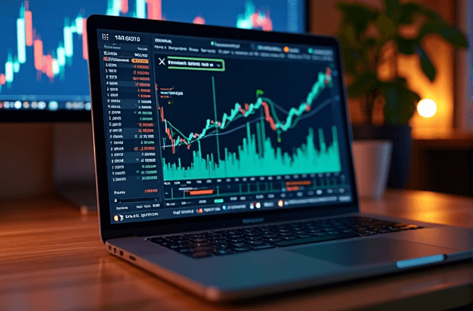 A laptop on a wooden desk displays a financial trading platform with graphs, charts, and data, set against a softly lit background with a computer and a plant.