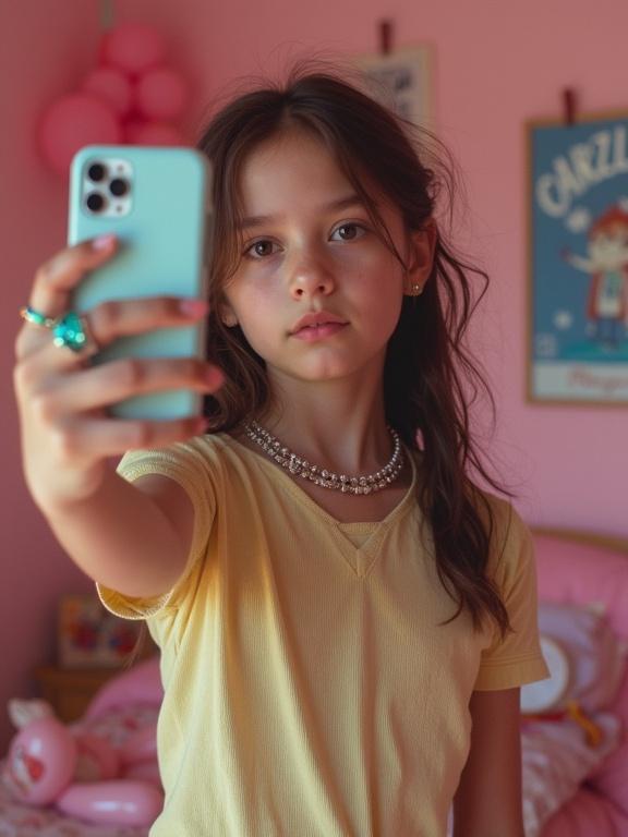 Young girl takes a selfie in a bedroom. Hyperrealistic photograph shows the girl framed from mid-torso to head. The room has a pale pink wall with posters. Soft toys and balloons are in the background. She wears a yellow shirt and jewelry. The scene captures a surreal moment with strong shadows from direct flash.