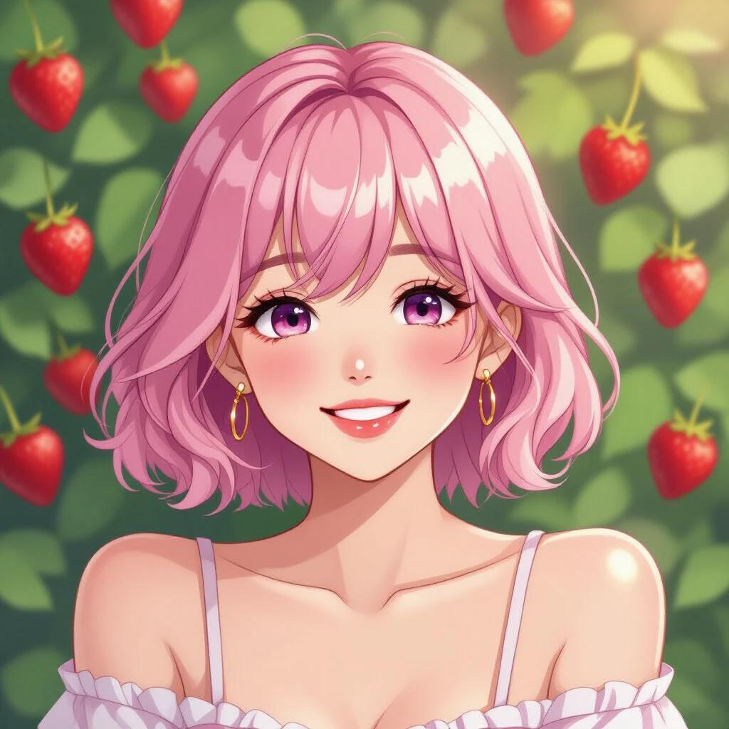 Closeup shot of an Asian girl with short pink hair. She has a warm smiling expression. The setting features a background with strawberries. The tone is soft pink and pleasing to the eyes. Kawaii and otaku themes are evident.