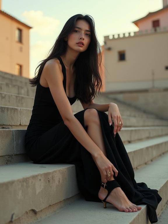 Photograph showcases a young woman sitting elegantly on concrete stairs. She is barefoot, holding black high heels. Long flowing black hair complements her sleek black dress. Soft pastel buildings create a beautiful background.