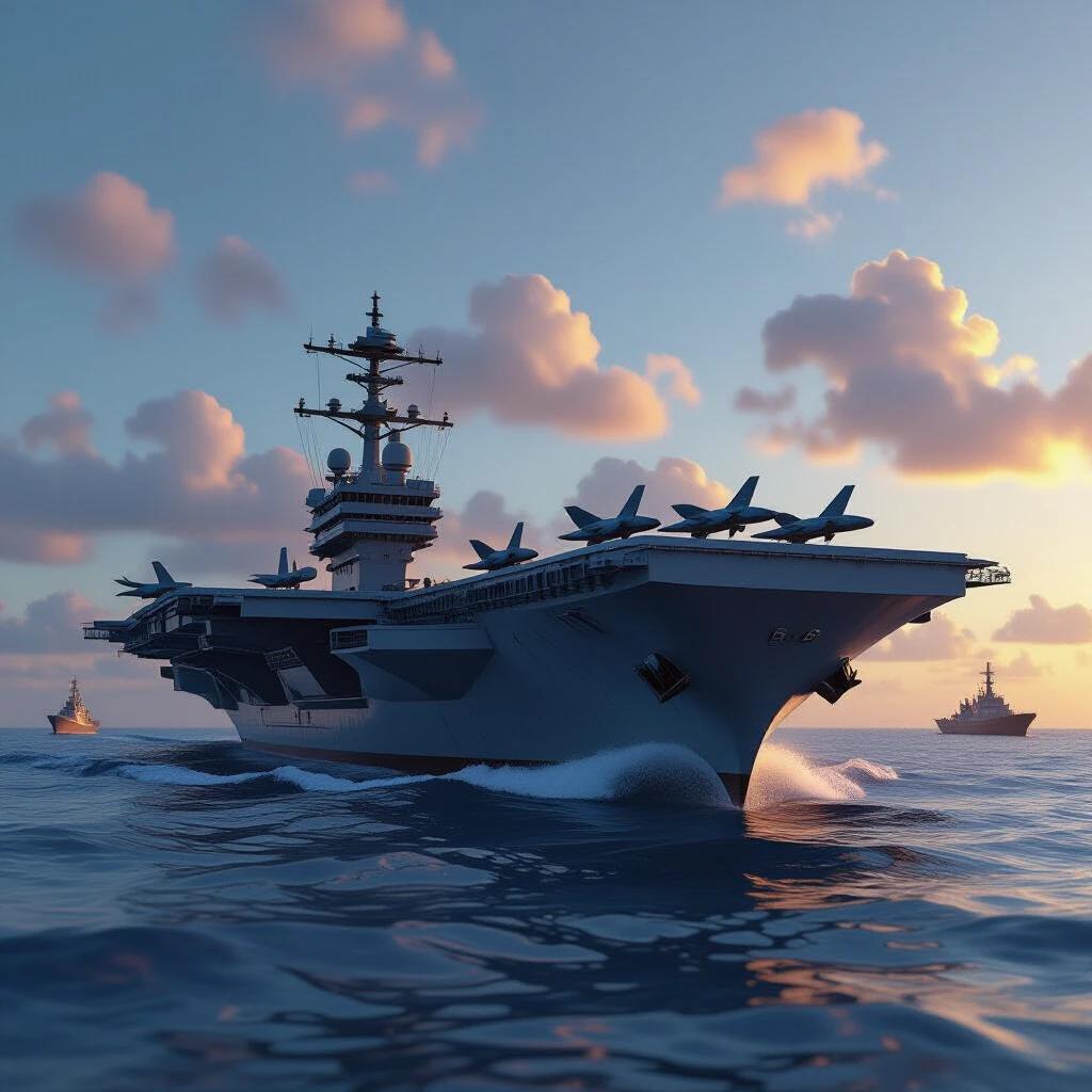 3D rendering of an aircraft carrier on the sea. Background features soft sunset light creating a warm atmosphere. Details like the bridge, radar, jets, and weapon systems are visible. Other ships in the distance add depth. Overall tone in blue and gold highlights ocean and sky serenity.
