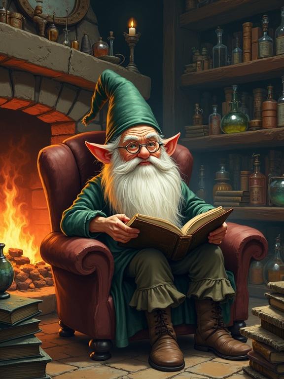 A wise old gnome with a long white beard and twinkling eyes sits in a cozy armchair by a fireplace. He reads an ancient tome. He wears round wire-rimmed spectacles. Surrounded by stacks of ancient tomes and bubbling potions. The room is lit by warm candlelight, casting shadows on the walls.