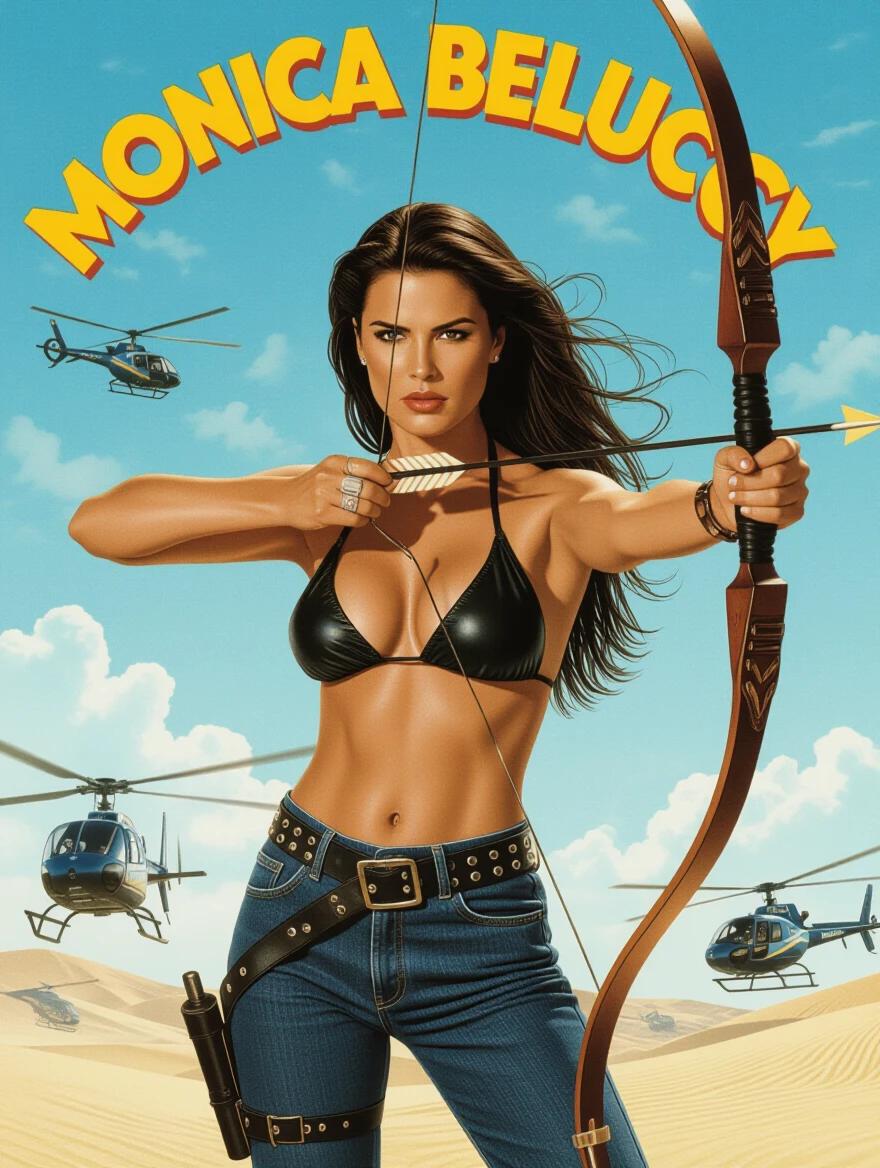 Action movie poster featuring a female warrior in a black bikini and jeans. Character draws a bow with arrow poised. Background includes helicopters flying. Bright vivid colors and a dynamic pose. Full body view in an action-packed setting.