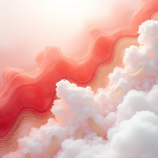 Algorithmic art style featuring a harmonious blend of white, red-pink and gold colors. It showcases abstract cloud patterns with flowing shapes and textures.