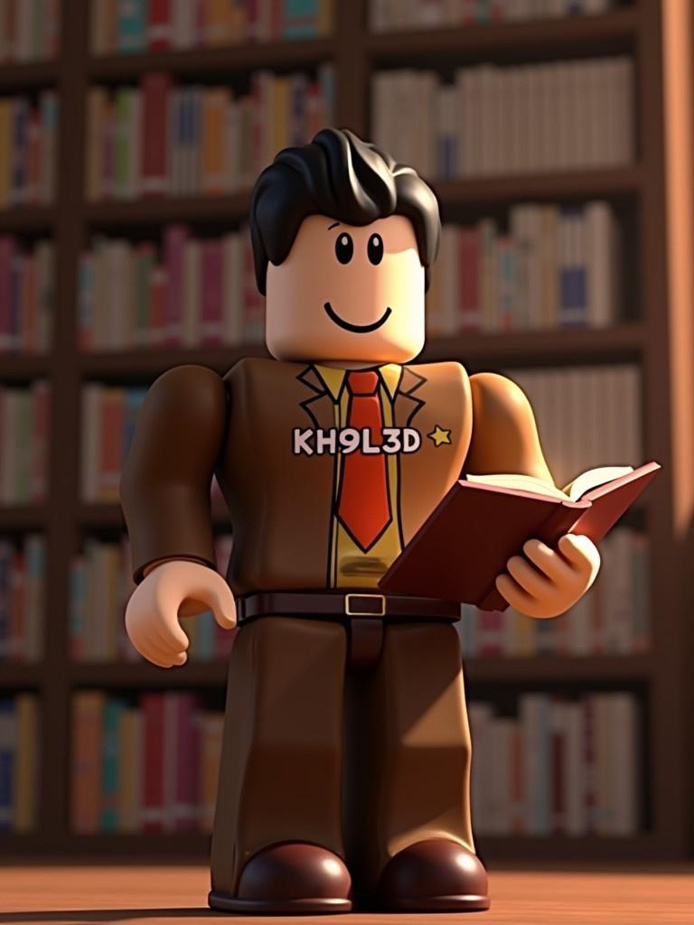 Roblox character in a brown suit holding an open book with light emanating from it in a vast library setting.