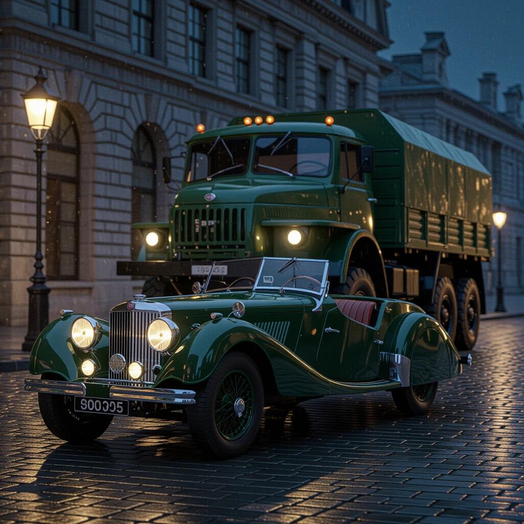 Photorealistic image at night. Jaguar SS100 parked on rain-slicked cobblestones. Soviet truck towering behind. Ground-level view captures tension. Emphasis on contrasting vehicles' styles and sizes. Headlights create distinct light pools. Raindrops visible on Jaguar. Unique lighting and reflections enhance detail.