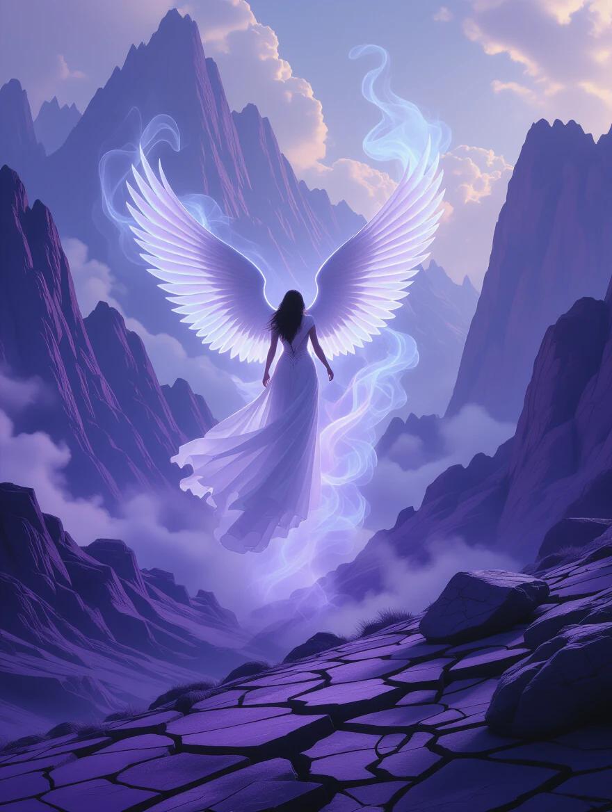 An angel emerges from iridescent smoke over purple mountains. The angel has large glowing wings. The landscape features cracked earth with lavender tones and black accents. Depth of field adds to the scene. The visual style is inspired by Luis Royo and Vallejo. The composition feels majestic and epic, with symmetry and chiseled details.
