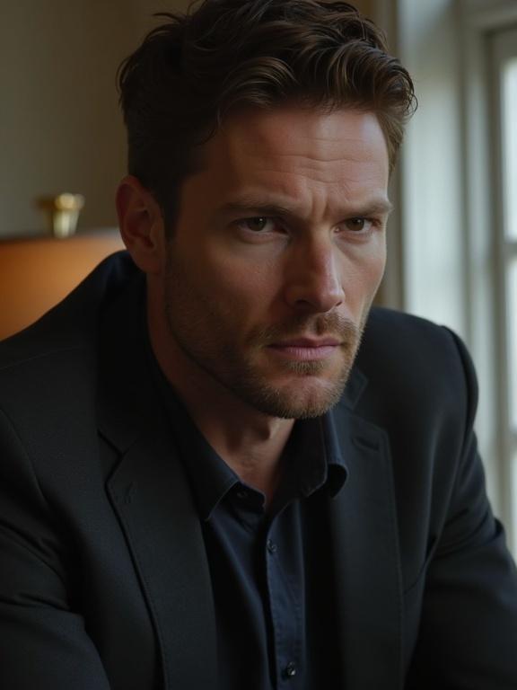 Photo of a well-dressed man in a dark suit. The scene captures a moment of contemplation beside a window. Natural lighting highlights the man's features in a soft manner. Focus on a moody atmosphere suggesting depth. Warm colors in the background contrast with the dark attire.