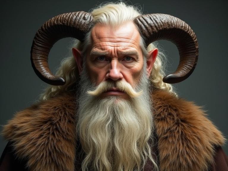A middle-aged man with fair skin long curly light blonde hair long flowing full beard and curly handlebar mustache with large curved dark brown horns growing from head small pointed elf-like ears wearing brown fur-trimmed garment looking serious and direct.