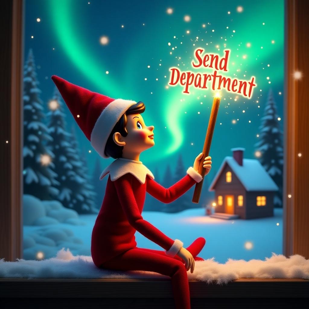 Elf on the shelf sits back to viewer. Elf gazes skyward. Elf holds glowing wand. Colorful northern lights illuminate the scene. Cozy house in the distance. Snow covers the ground. Elf embodies Christmas magic. 'Send Department' appears from wand.