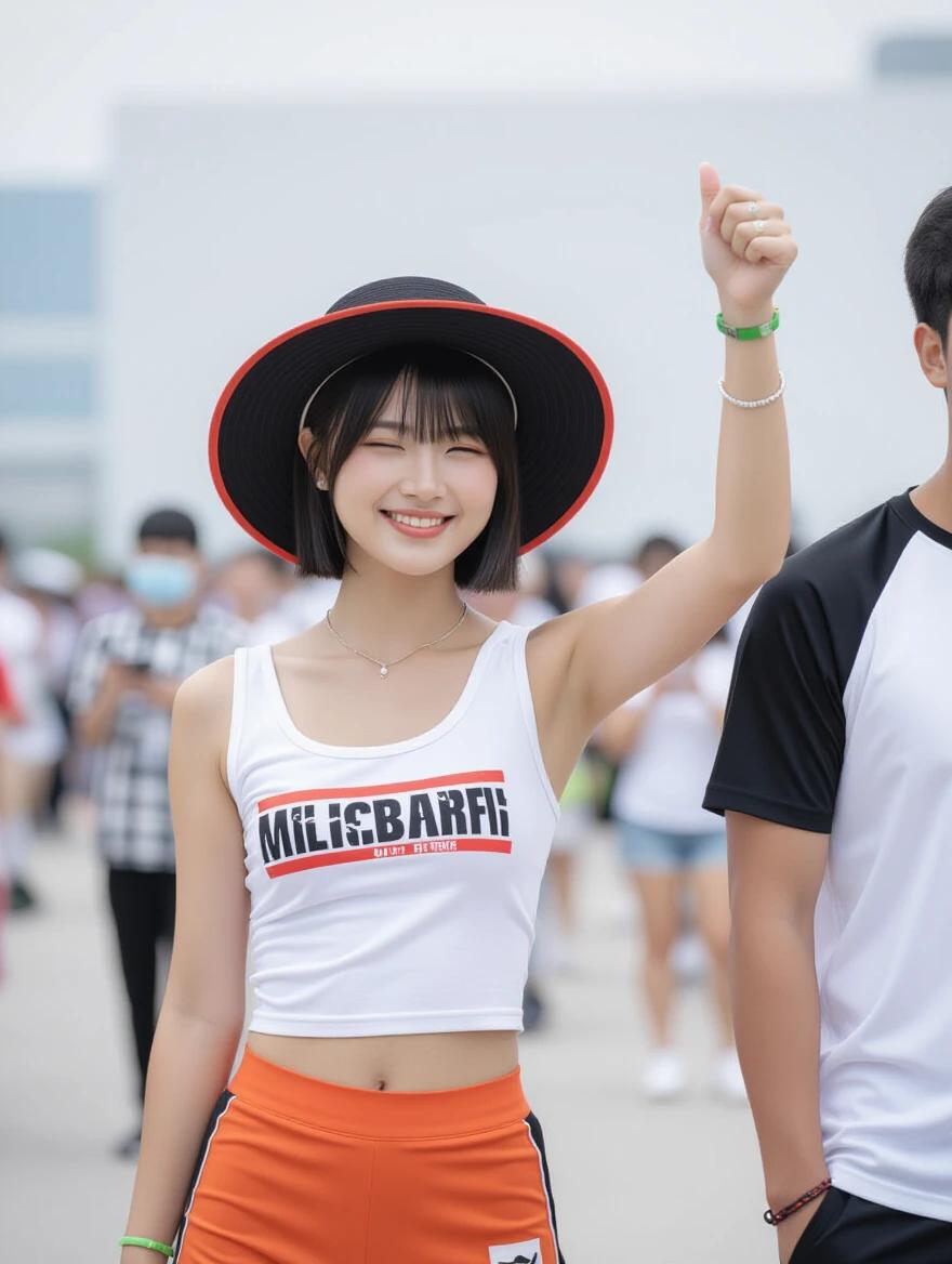 Photograph of a young woman with slim physique and fair skin. She has short black hair with bangs and is wearing a wide-brimmed black hat with a red underside. She is in a white cropped tank top with graphic design and orange shorts. The woman is standing with her right arm raised giving a thumbs up while smiling with eyes closed. Her left arm is relaxed. A person next to her wears a contrasting shirt. The background includes tropical elements and glass buildings. The scene is bright and cheerful with a playful mood. Focus on the woman's joyful expression and confident pose.