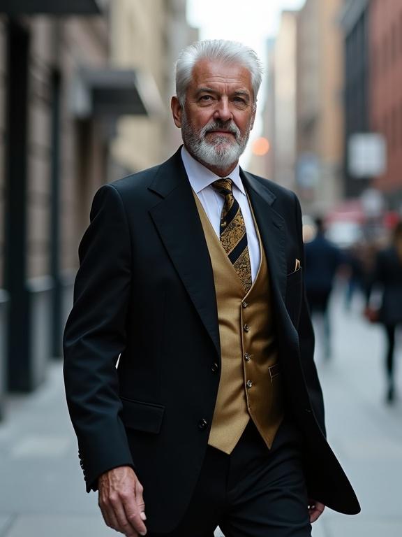 A slender athletic older man. White hair is combed back. Trimmed white goatee. Black suit is worn with gold vest. Gold and black striped tie is included. Ornate gold pen is carried. Man walks in urban city center near the street.