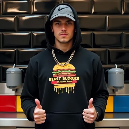 Medium-full shot of a young male YouTuber in black hoodie standing waist-up against glossy black subway tiles. Hood pulled over head. Slightly serious expression. Gold chain necklace visible. Thumbs up with both hands. Cartoon burger graphic on hoodie. Matte gray utensil dispensers and condiment bins in background. Neutral daylight lighting.