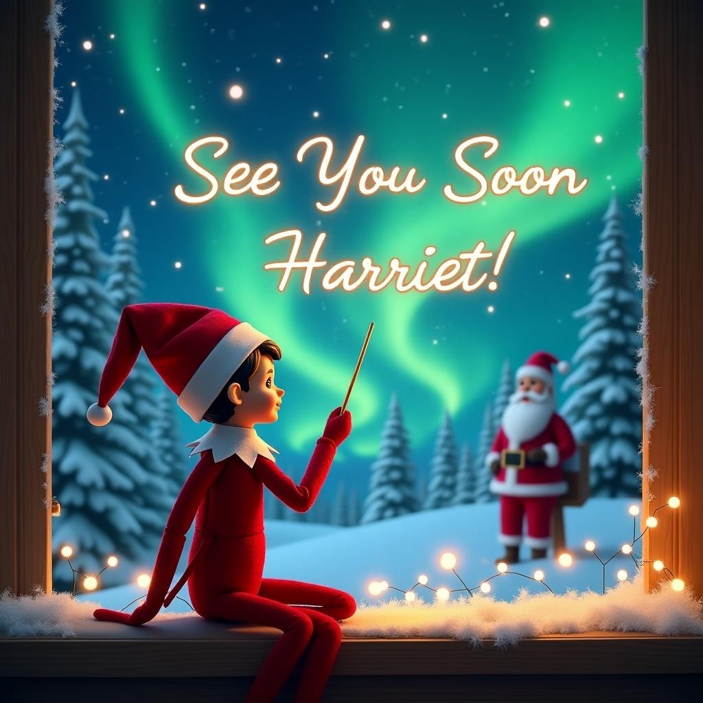 The image features an elf on the shelf, with his back facing the viewer as he gazes at a magical sky. He holds a wand, using it to elegantly write the words 'See You Soon Harriet!' across the sky. The backdrop is enchanting, showcasing the northern lights in vibrant colors. In the distance, Santa Claus is depicted in a snowy wonderland, adding to the festive atmosphere. The entire scene is designed to evoke the joy and magic of Christmas.