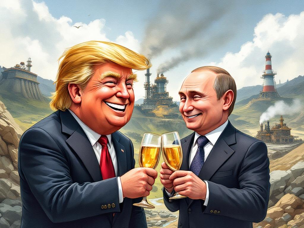 Cartoon style illustration featuring two smiling figures raising glasses in a toast. The backdrop includes a minerals mine depicting steampunk elements. Watercolor technique used for soft blending.